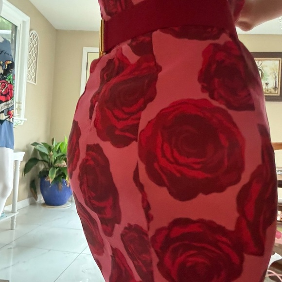 Strapless Red Rose Print Dress with Belt - Picture 8 of 10